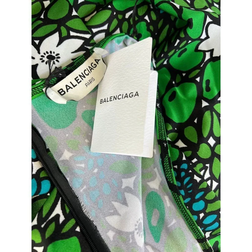 BALENCIAGA Green Hight Waist Floral Print Pleated Knee Length Skirt Size… - Picture 5 of 11